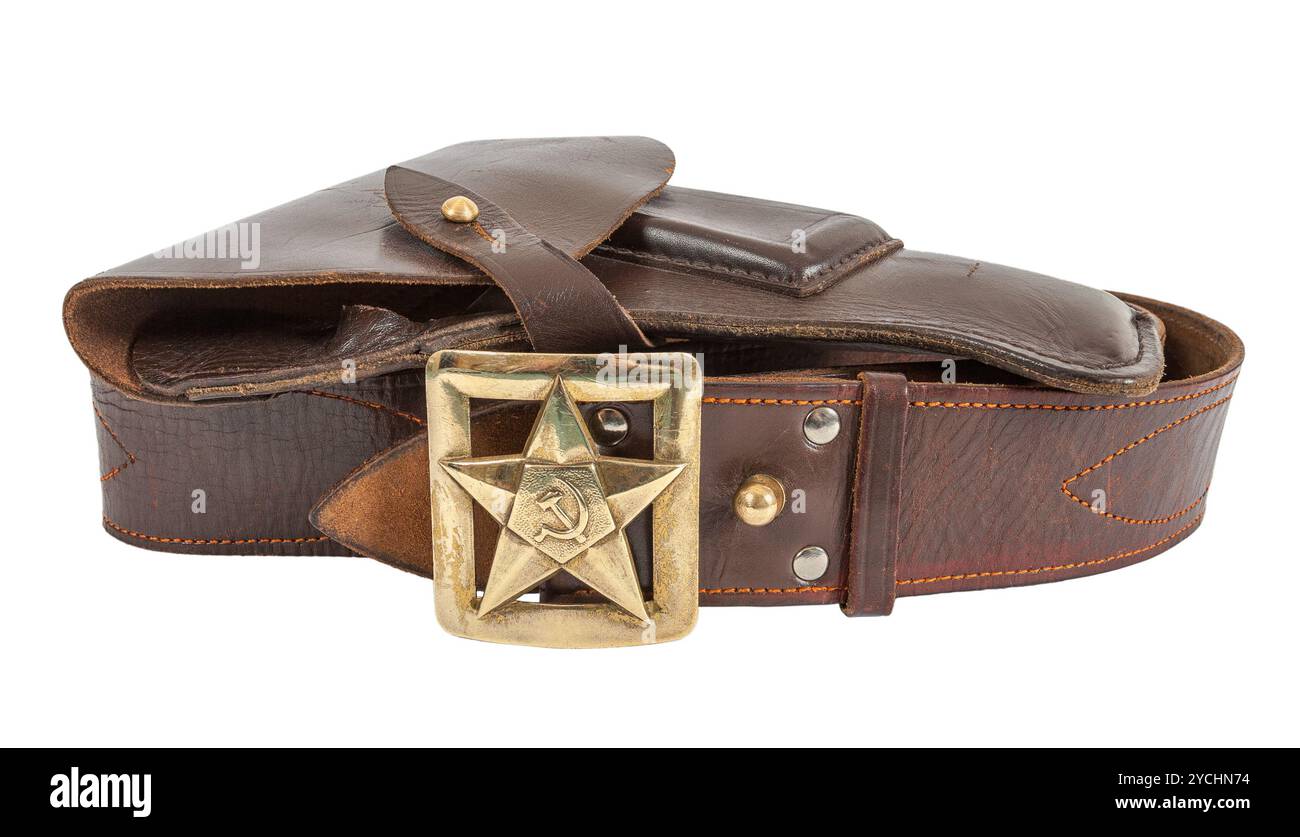 Vecchia cintura russa e custodia isolata su sfondo bianco Foto Stock