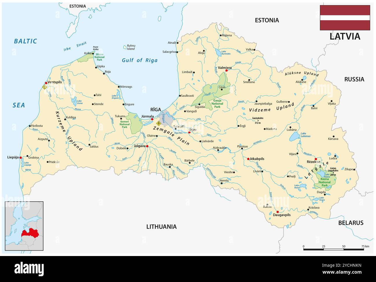 Mappa dello stato Baltico della Lettonia Foto Stock