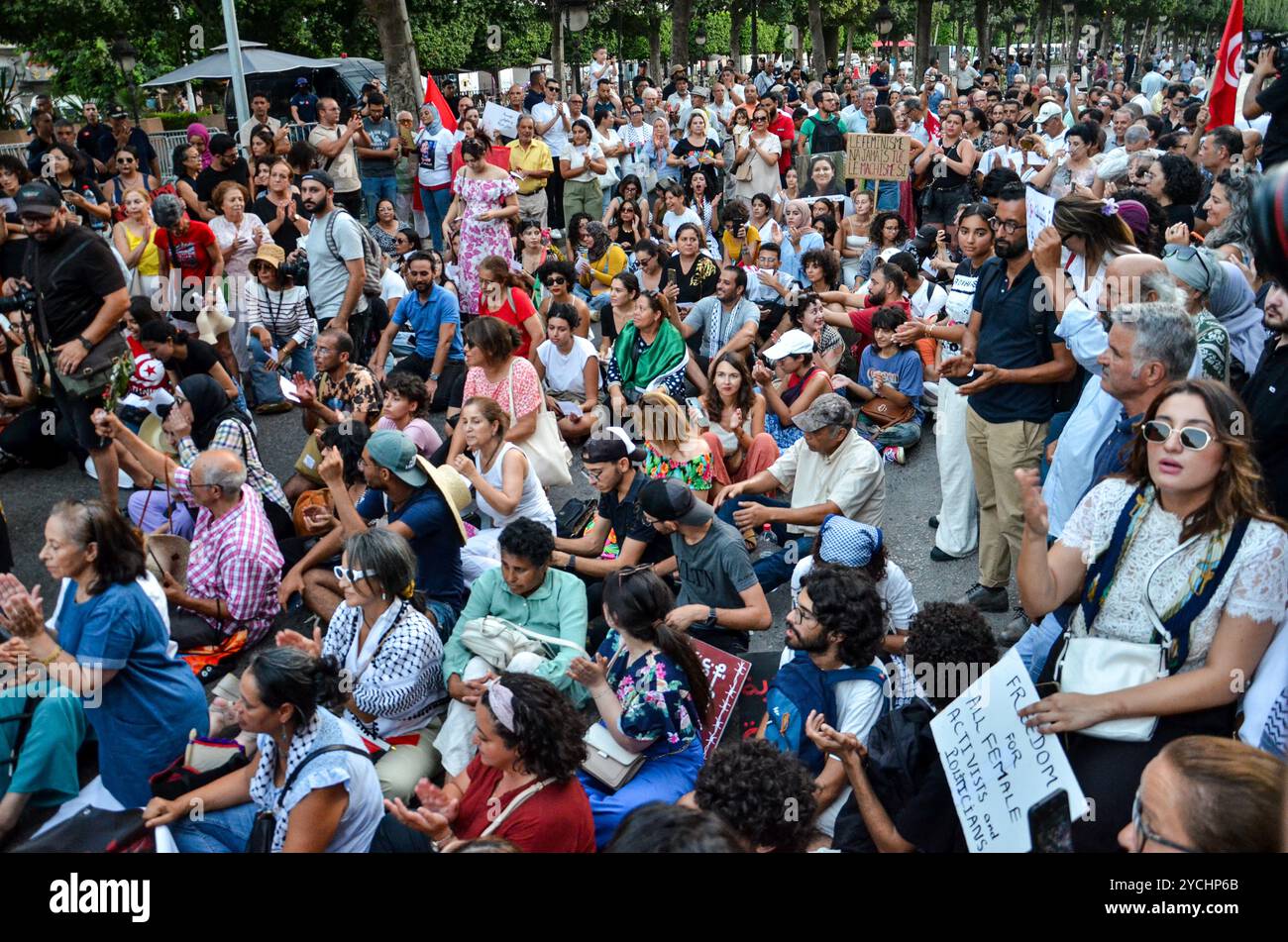 Tunisi, Tunisia. 13 agosto 2024. Le donne scendono in piazza a Tunisi alzando striscioni e gridando slogan contro la repressione politica in occasione della giornata nazionale della donna. La manifestazione è stata organizzata da gruppi femministi indipendenti tunisini per chiedere il rilascio immediato di tutte le donne imprigionate per le loro attività nella sfera pubblica. La Tunisia celebra la giornata nazionale della donna ogni anno il 13 agosto Foto Stock
