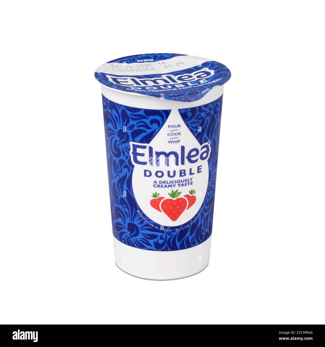 Carton of Elmlea Double, un'alternativa liquida alla crema prodotta da Elmlea UK di proprietà di Upfield Spreads Ireland Ltd isolata su bianco con percorso di ritaglio Foto Stock
