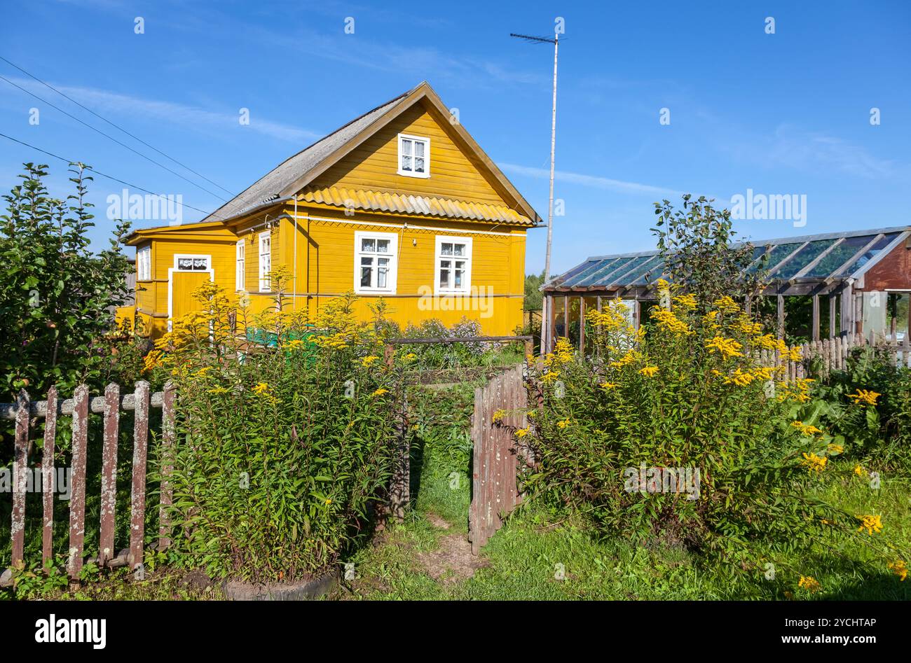 Rurale scena con fiori di colore giallo e la casa in legno Foto Stock
