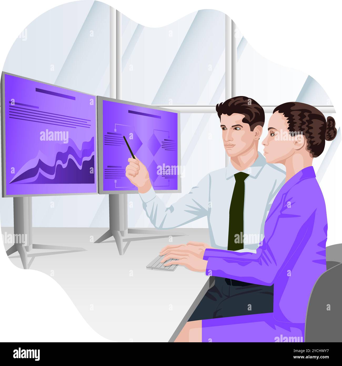 Uomo e donna stanno studiando i rapporti per identificare e comprendere i problemi nel processo decisionale. Concetto di business. Illustrazione vettoriale piatta. Illustrazione Vettoriale