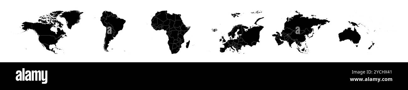 Set di sei mappe mondiali di seguito: Nord America, Sud America, Africa, Europa, Asia e Australia. Mappa vettoriale vuota silhouette grigia Illustrazione Vettoriale