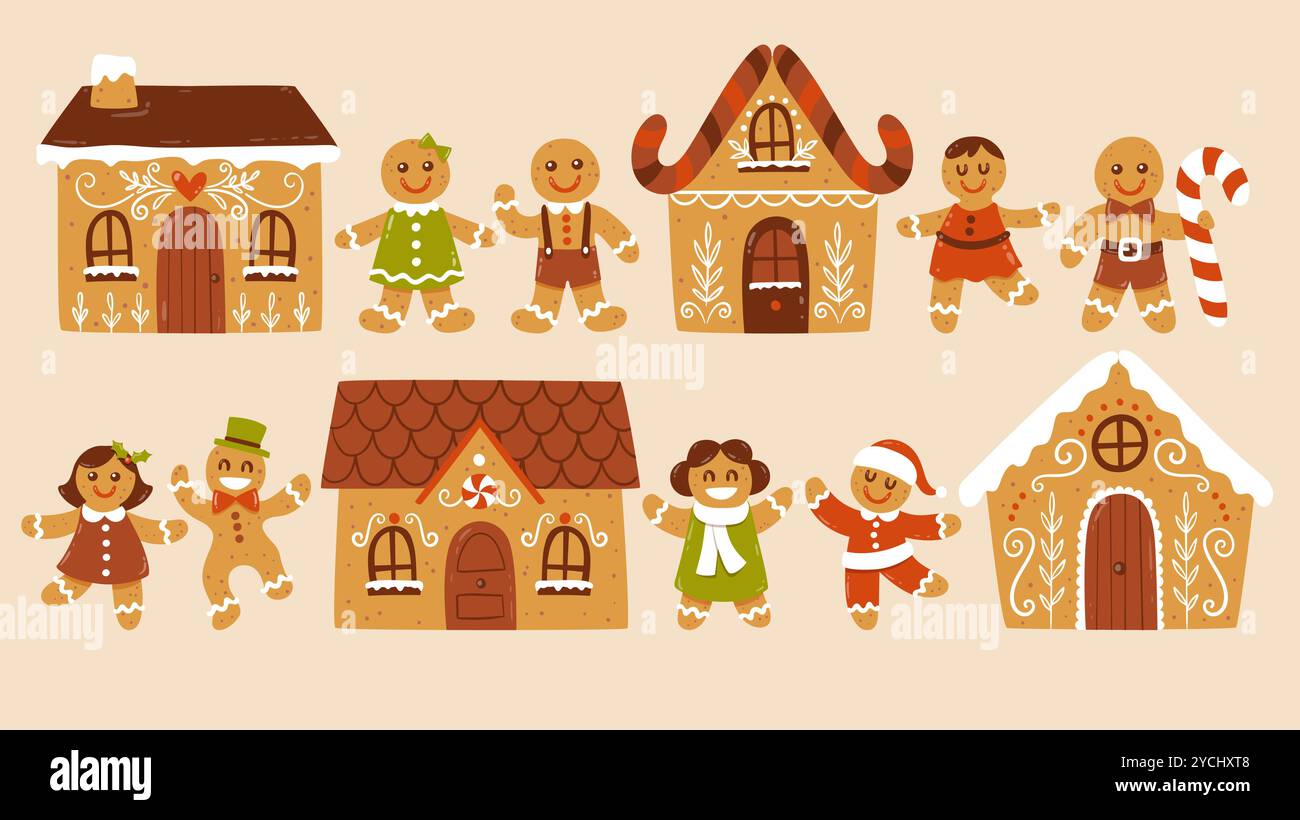 Set di biscotti di pan di zenzero disegnati a mano. Divertente e simpatica collezione di gingerbread uomini, donne e case di Natale. Una raccolta di 12 articoli isolati su ligh Illustrazione Vettoriale