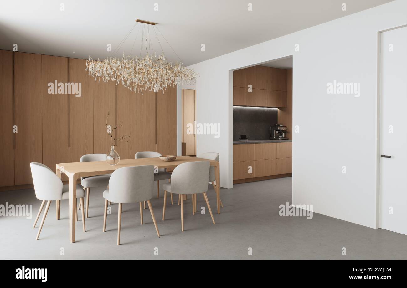 Una moderna sala da pranzo con splendidi elementi in legno e illuminazione elegante Foto Stock