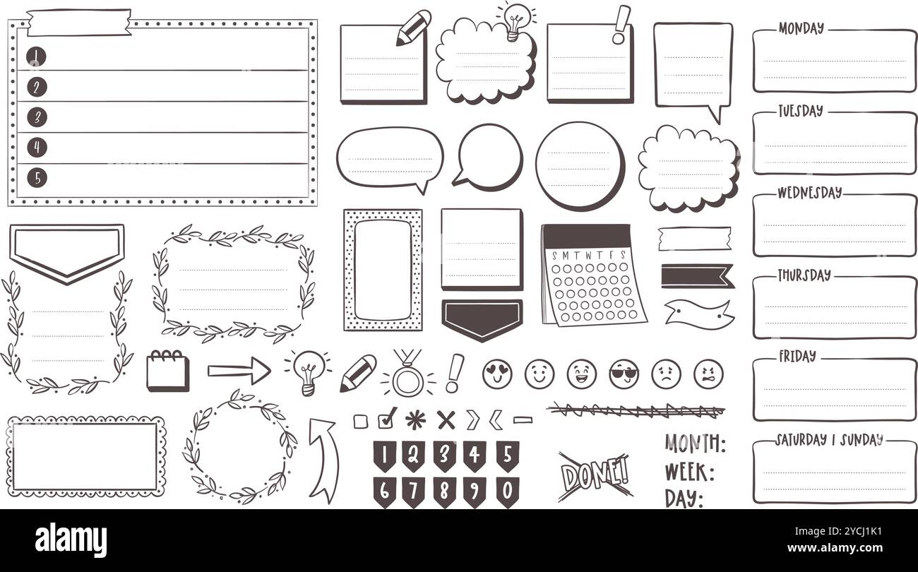 Graziosi oggetti disegnati a mano per progettisti e riviste in stile doodle. Include note vuote, modello montly, icone di base e riquadri giornalieri. Un totale di 40 è Illustrazione Vettoriale