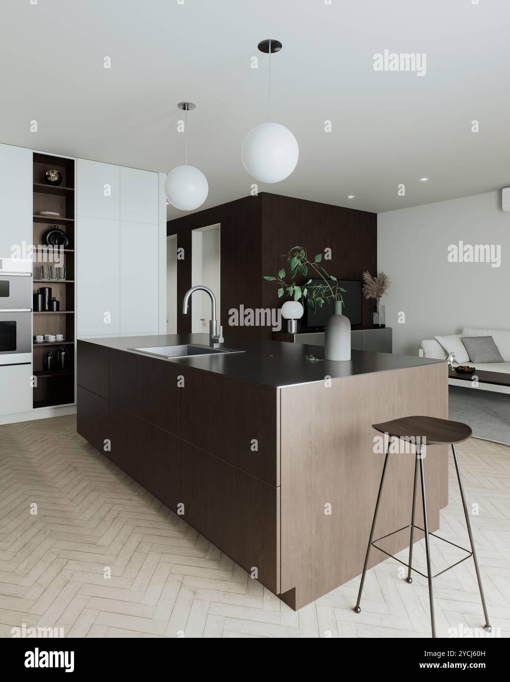 Questa moderna cucina presenta un design minimalista con elementi naturali per un soggiorno contemporaneo Foto Stock