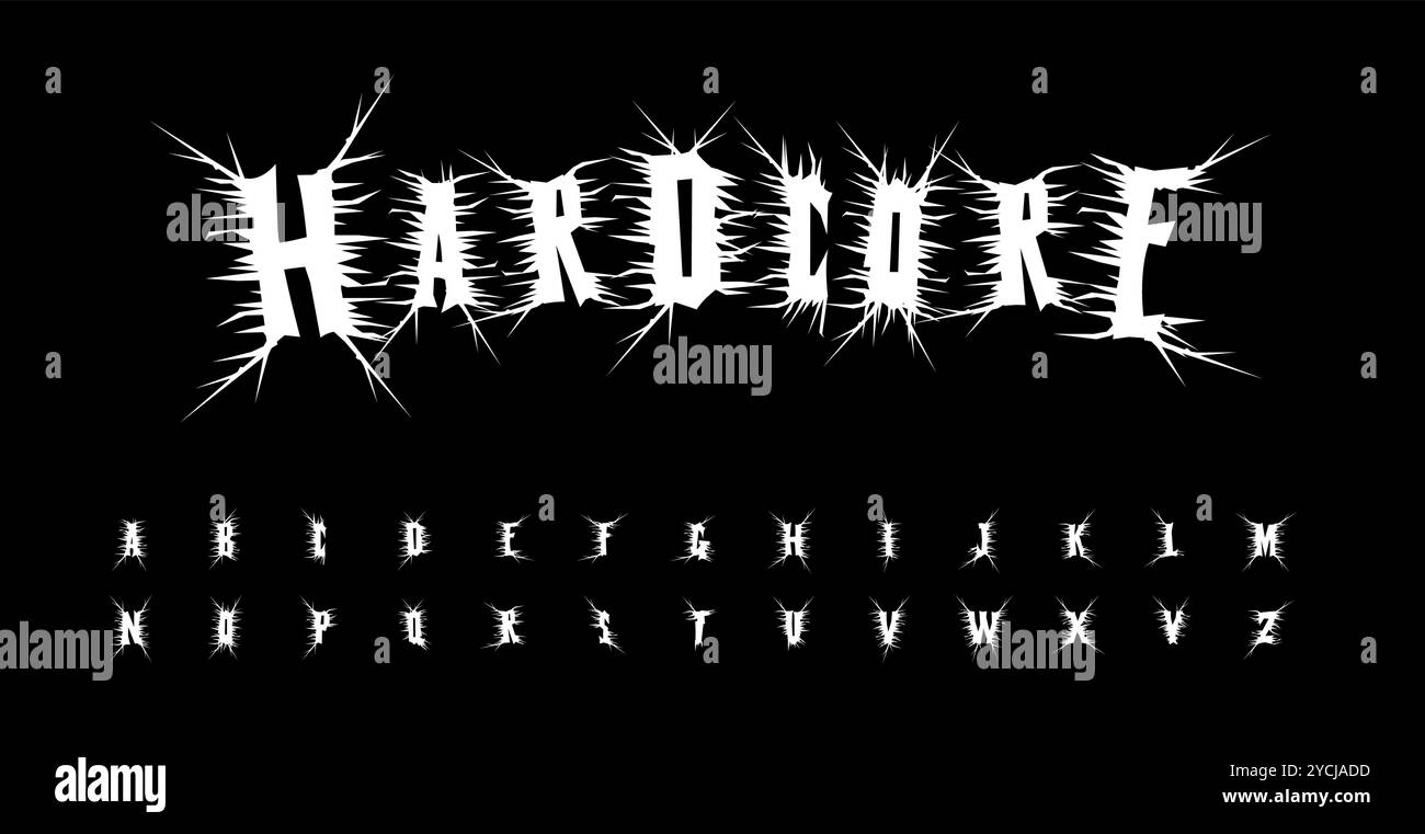 Questo carattere appuntito e frastagliato ha un look caotico e affamato, ideale per i disegni horror o in metallo, creando un'atmosfera audace e audace con lettere nitide e irregolari Illustrazione Vettoriale