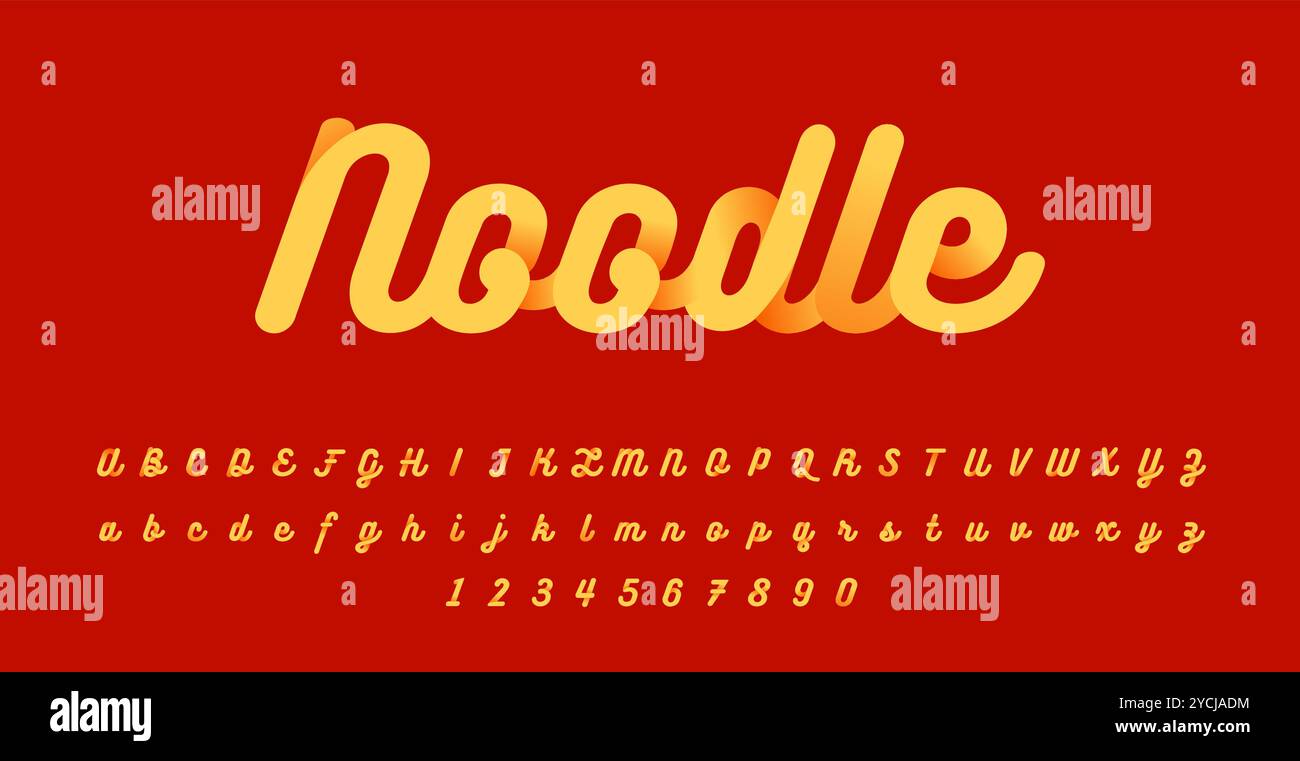 Noodle script è un carattere stravagante disegnato a mano con curve fluide e movimenti divertenti. Perfetto per design divertenti, logo o branding casual, Illustrazione Vettoriale