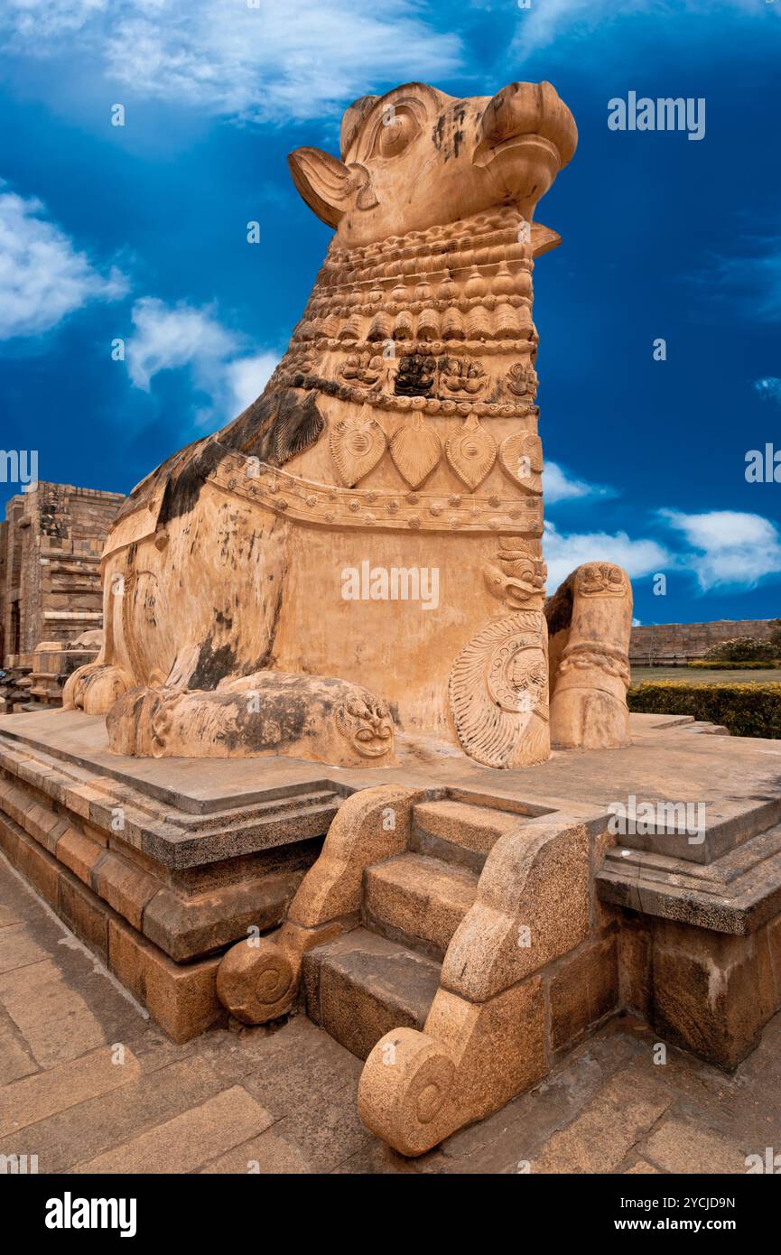 Grande statua di Nandi Bull di fronte al tempio indù Gangaikonda Cholapuram. Nell'induismo Nandi è un veicolo Shiva. Architettura dell'India meridionale. India, Tami Foto Stock