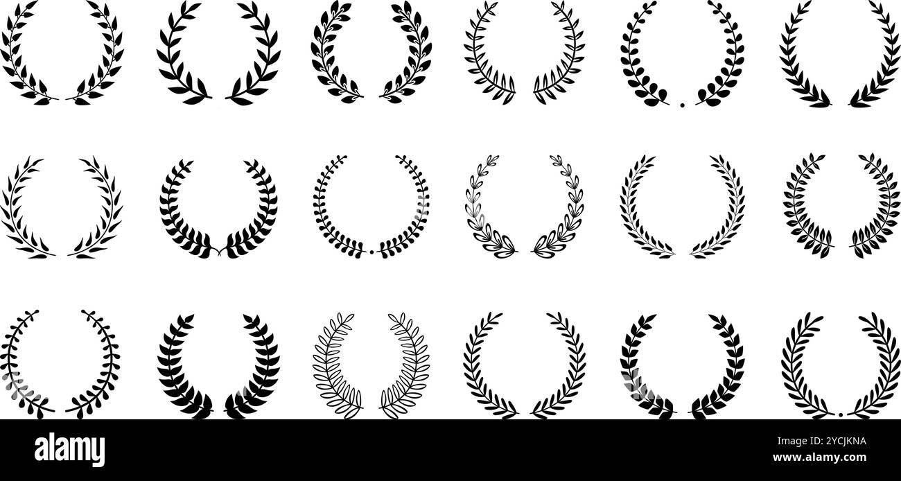 Set di ghirlande in alloro. Silhouette a corone nere, elementi di oliva vincenti. Cornici, ornamenti, decorazioni per striscioni, vettori neoterici Illustrazione Vettoriale