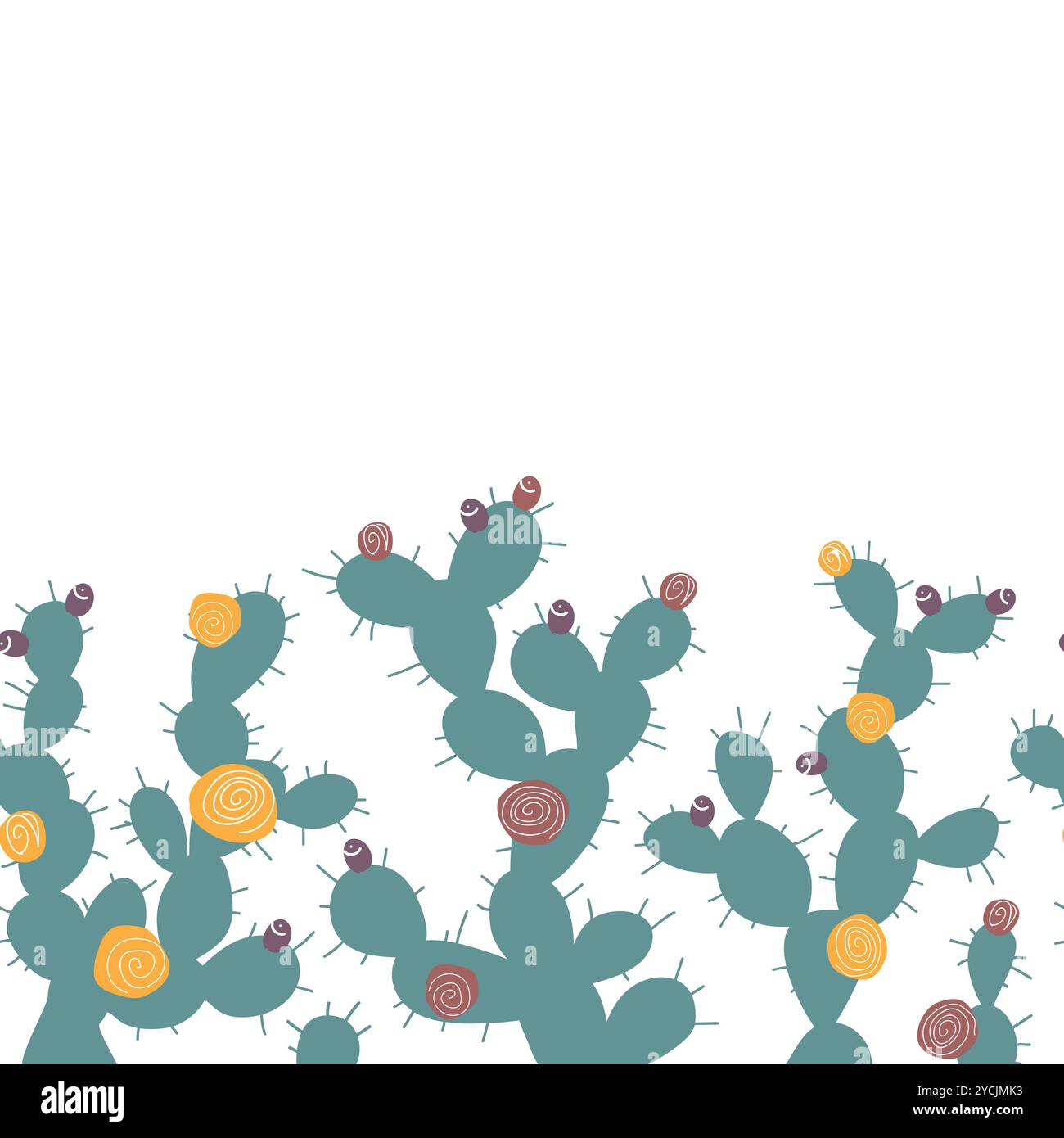 Motivo senza cuciture per recinzione cactus. Bordo con cactus di Opuntia, illustrazione isolata. Pianta di fico d'India cartoni animati con fiori e frutti, vettoriale. Illustrazione Vettoriale