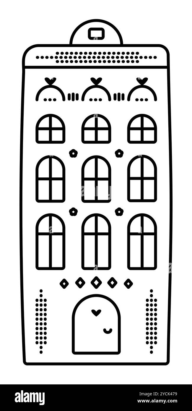 Casa sul canale di linea nera in stile Amsterdam, architettura olandese. Grazioso edificio monocromatico olandese, doodle preppy, illustrazione vettoriale Illustrazione Vettoriale