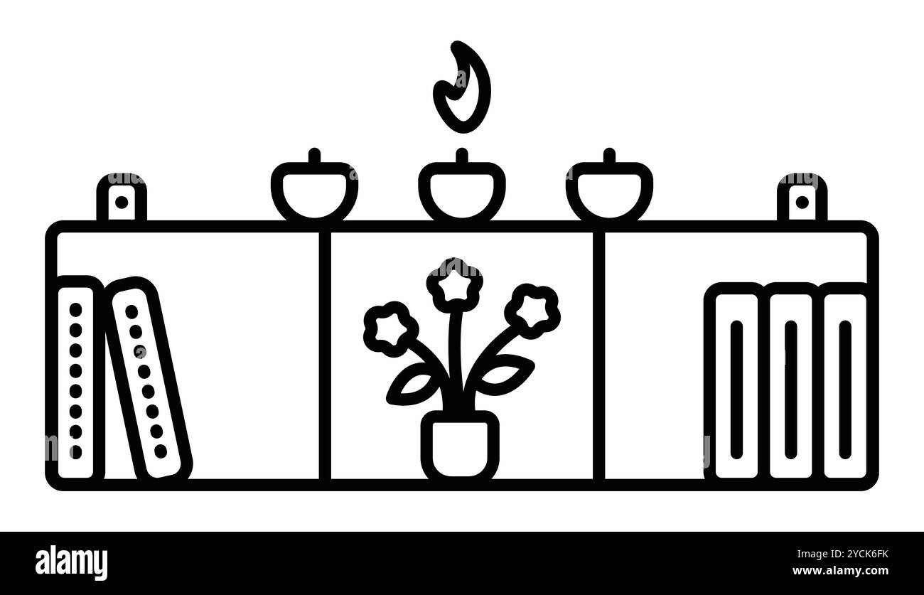 Scaffale da parete per piccoli oggetti - libri, fiori, candele. Illustrazione della linea nera vettoriale, segno monocromatico contorno, traccia modificabile Illustrazione Vettoriale