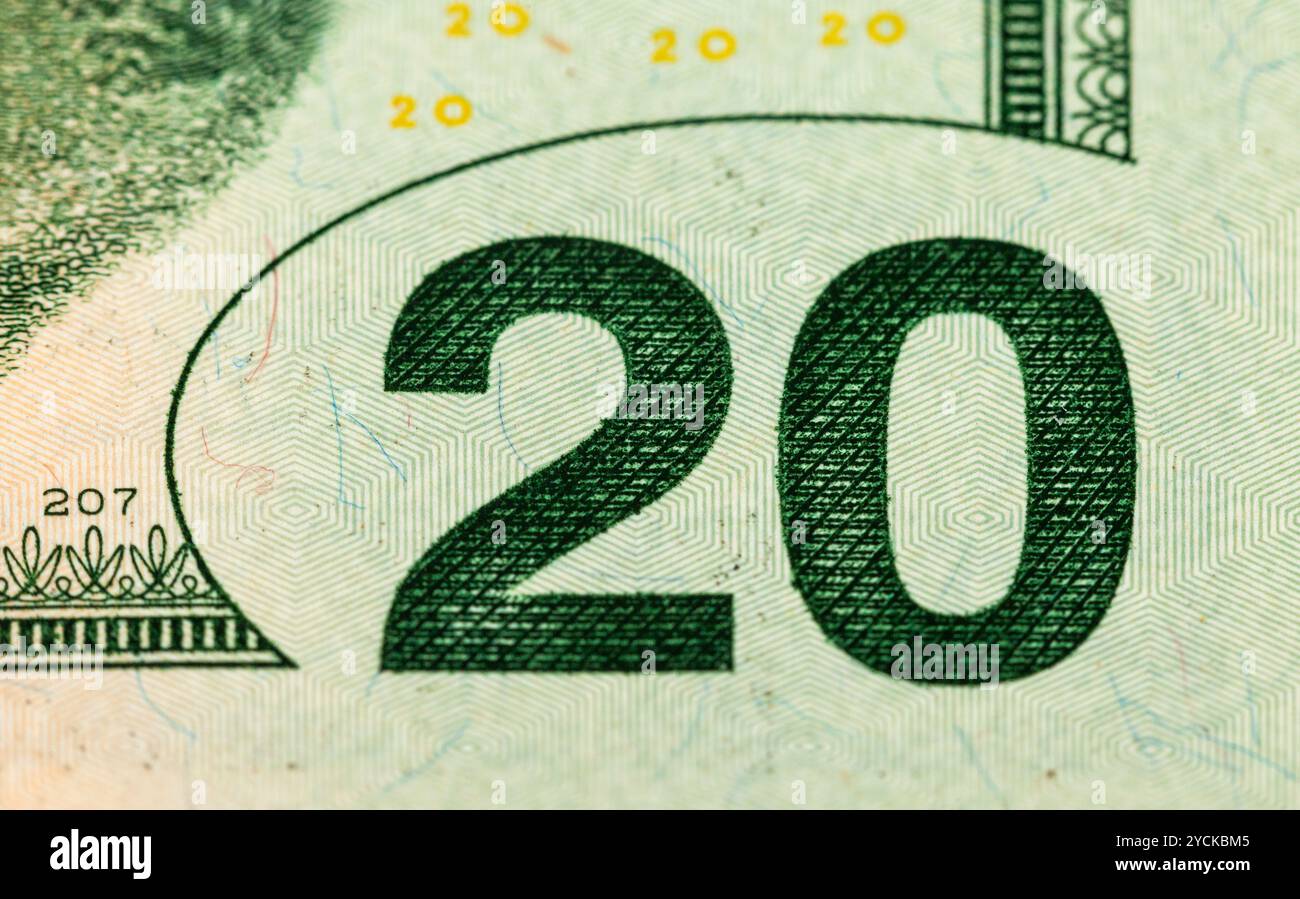 Frammento di venti dollari close up Foto Stock