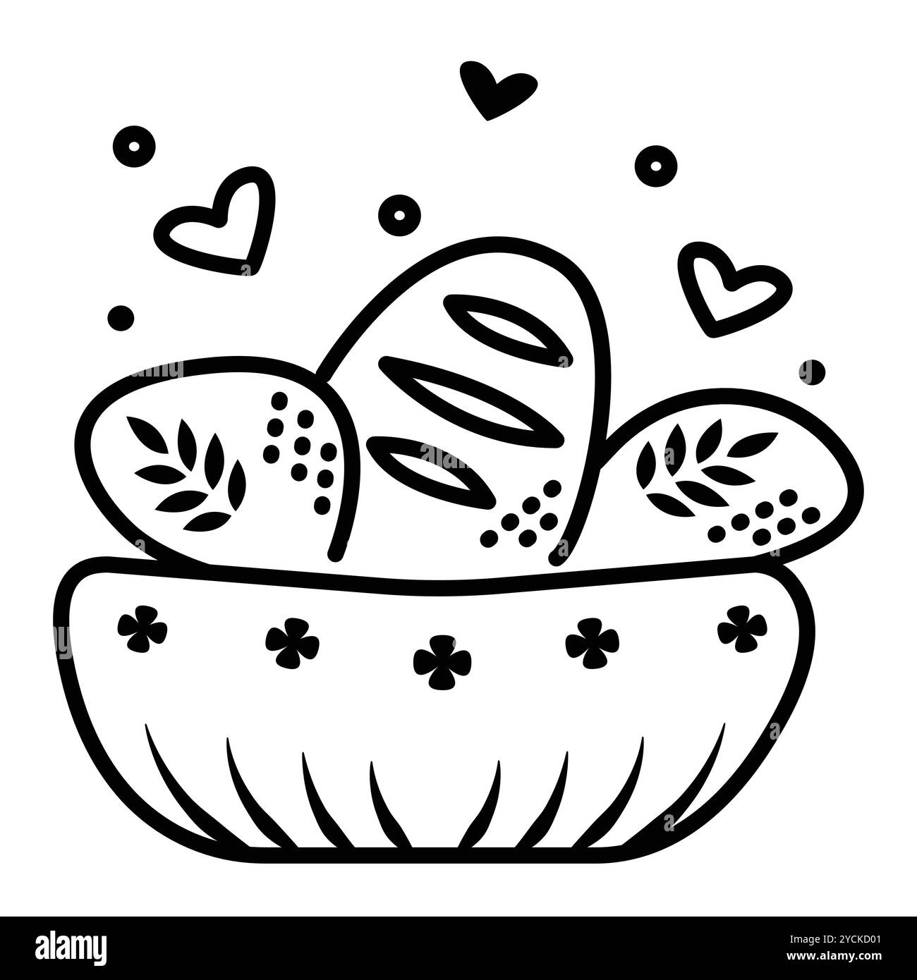 Cestello nero con pane, illustrazione monocromatica vettoriale, tratto modificabile Illustrazione Vettoriale