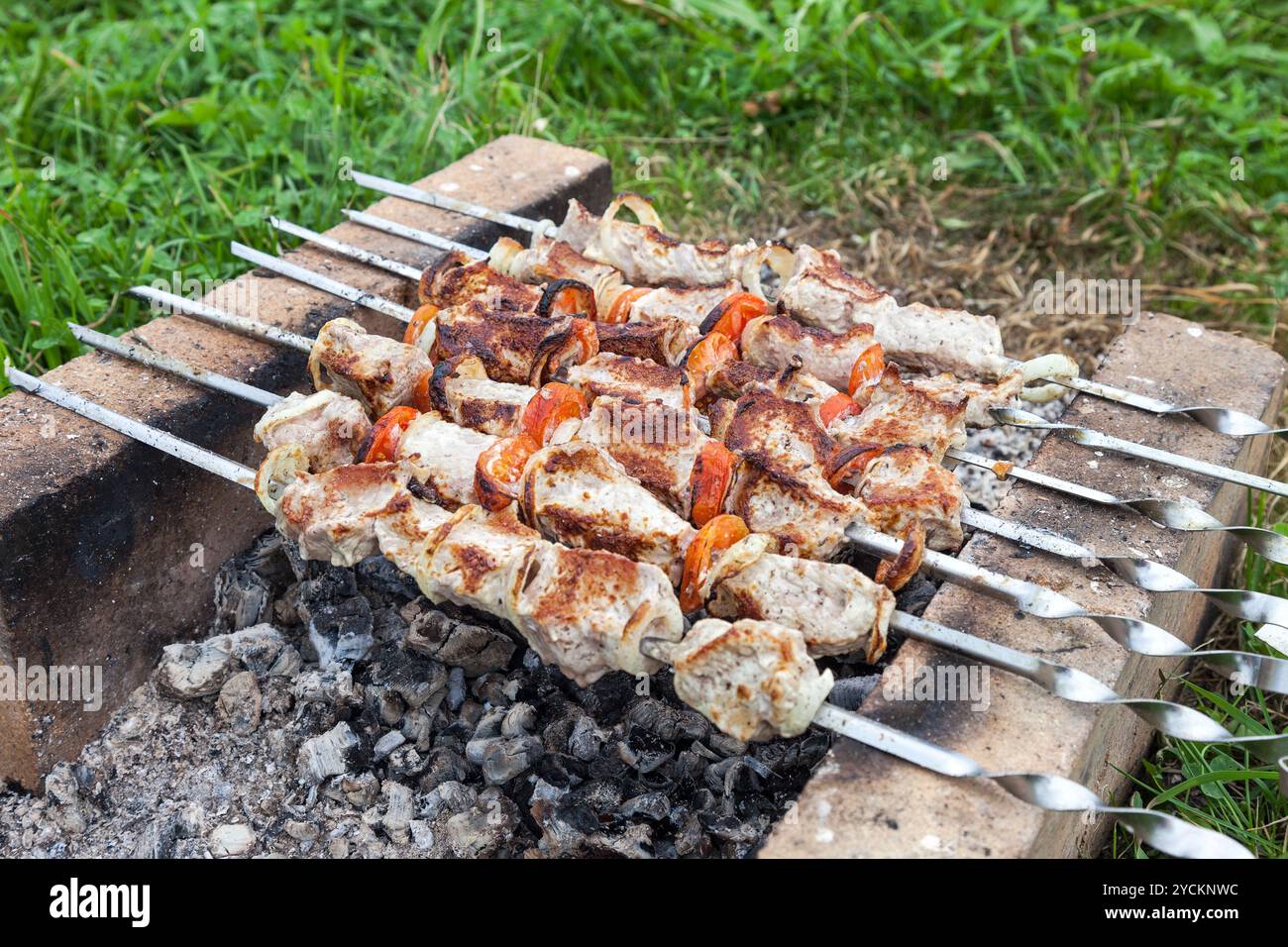 Shish kebab sul forno improvvisato in mattoni Foto Stock
