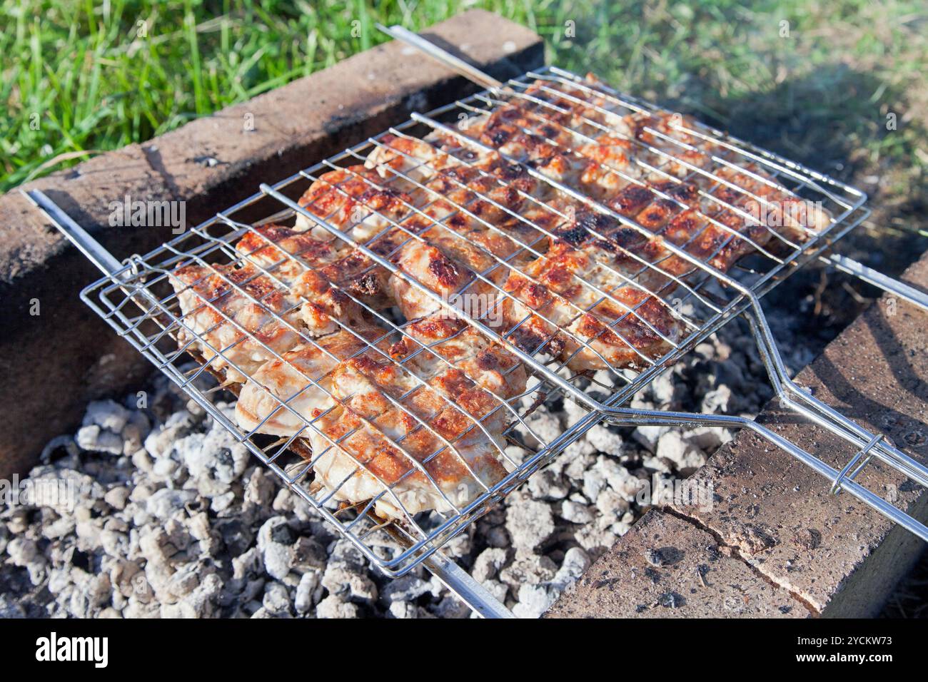Barbecue con deliziose grigliate di carne alla griglia Foto Stock
