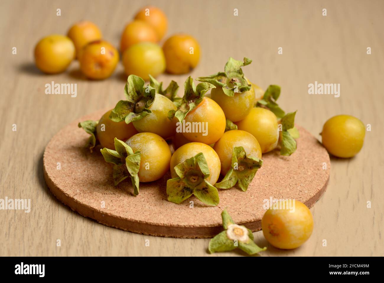 Piccoli frutti di prugna da dattero Diospyros lotus o Lotus Persimmon studio girato morte natura morta Foto Stock