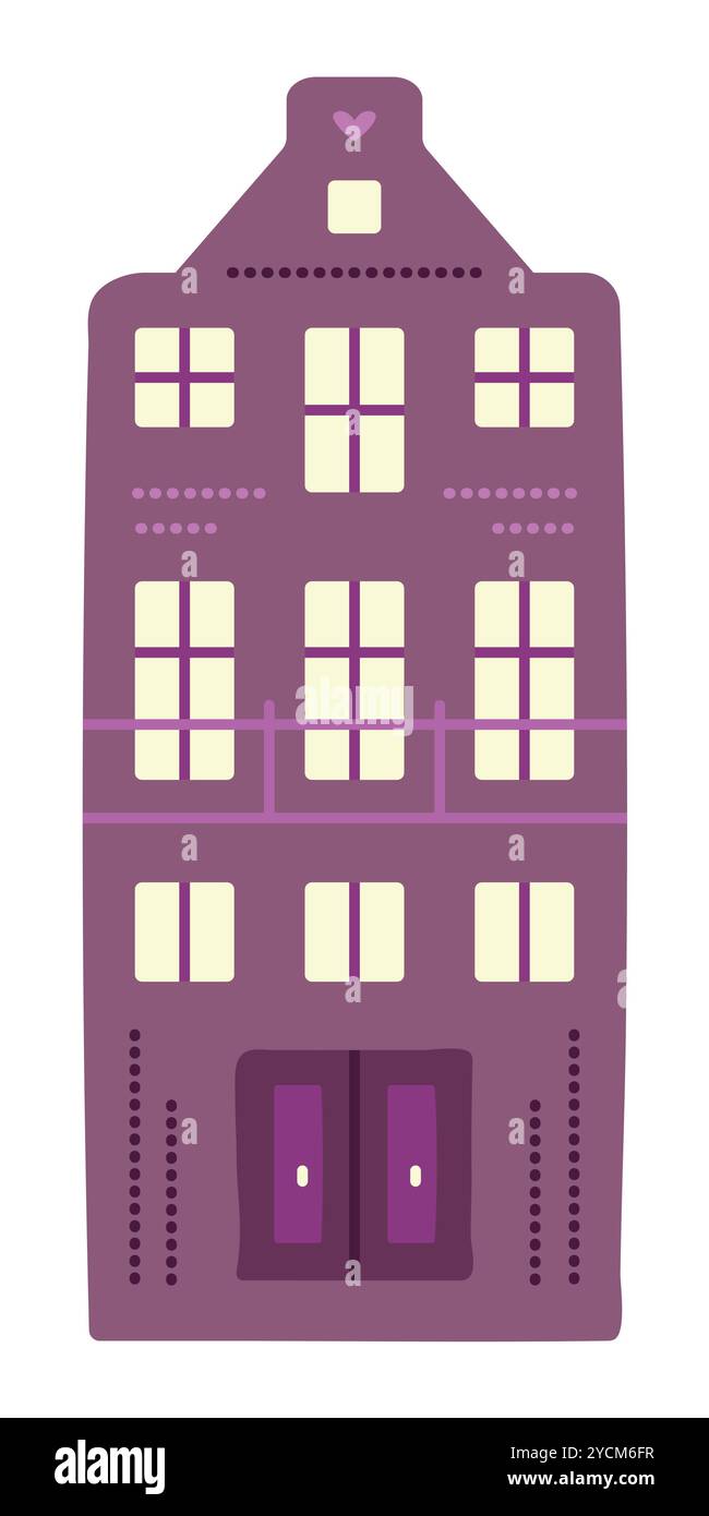 Singola casa viola sul canale in stile Amsterdam, architettura olandese. Edificio fiammingo dai colori tenui, doodle preppy, illustrazione vettoriale Illustrazione Vettoriale