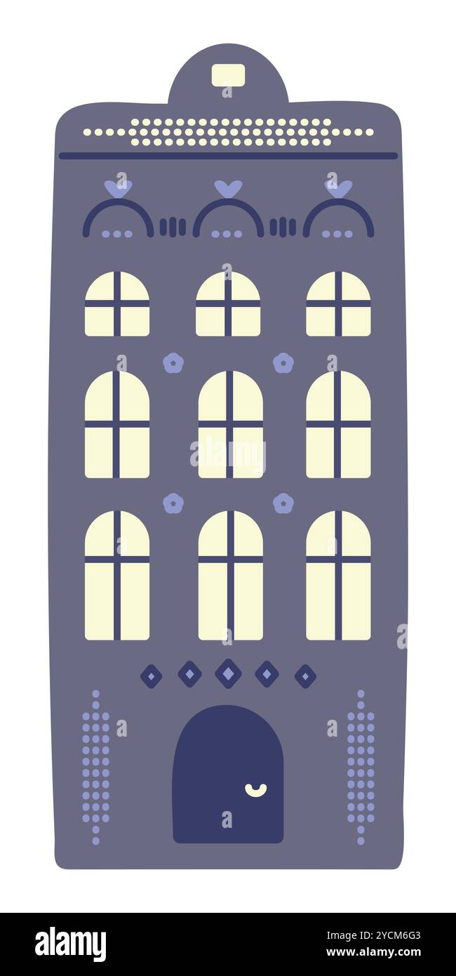 Architettura olandese, singola casa sul canale blu in stile Amsterdam. Alto edificio dei Paesi Bassi con molte finestre e luce in esse, doodle preppy, co vettoriale Illustrazione Vettoriale