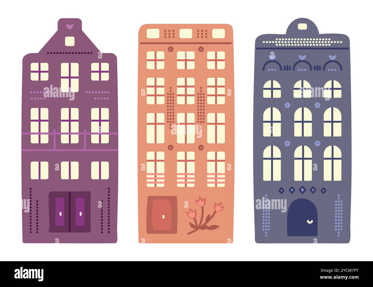 Architettura olandese, tre case sui canali in stile Amsterdam. Set di graziosi e colorati edifici olandesi, doodle preppy, illustrazione vettoriale, int. Autore Illustrazione Vettoriale