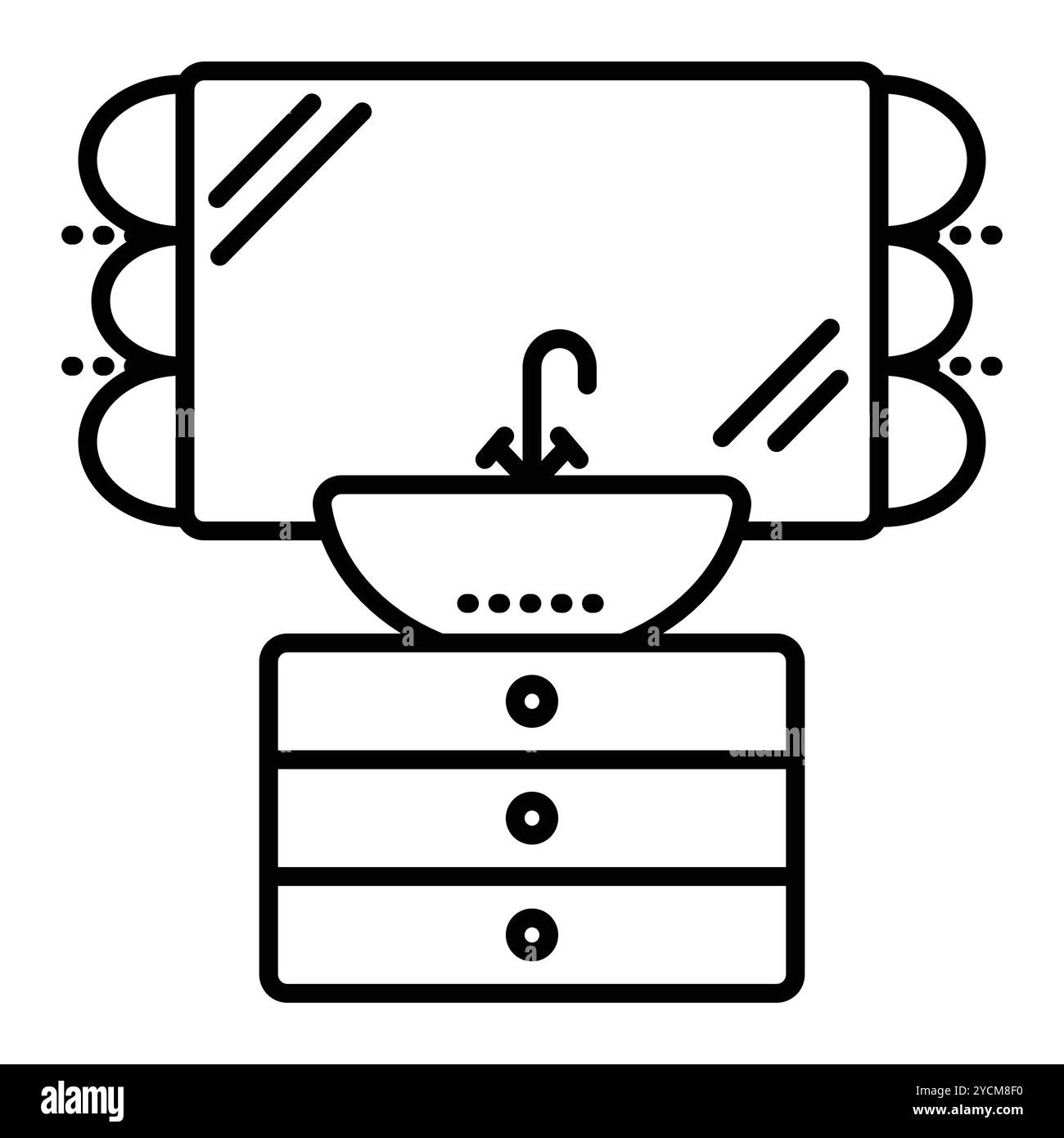 Lavabo, lavandino e specchio, illustrazione della linea nera vettoriale, segno monocromatico contorno, tratto modificabile, pixel Perfect Illustrazione Vettoriale