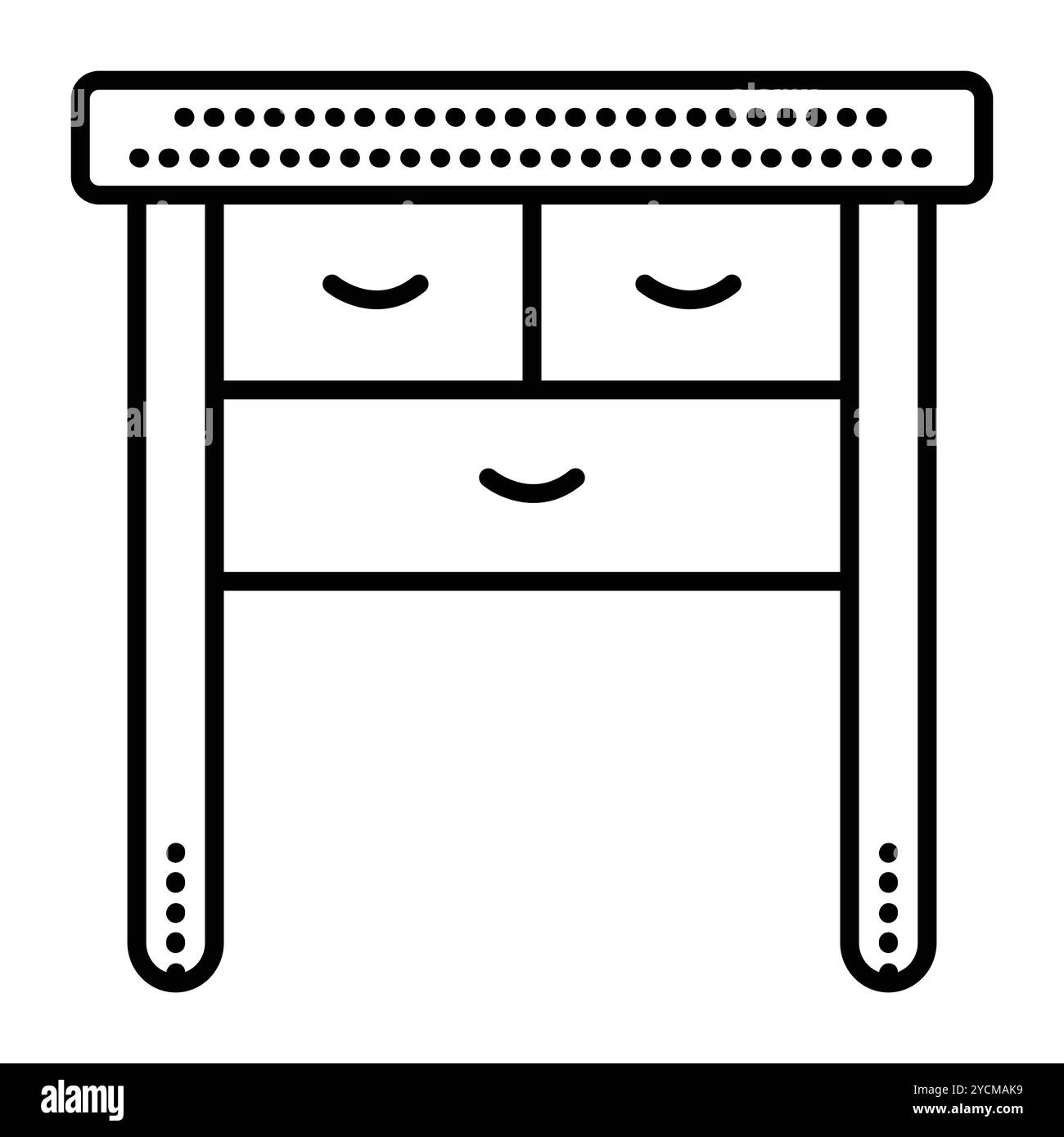 Comodino, comò con gambe lunghe e tre cassetti, vista frontale, illustrazione con linea nera vettoriale singola, insegna monocromatica Illustrazione Vettoriale
