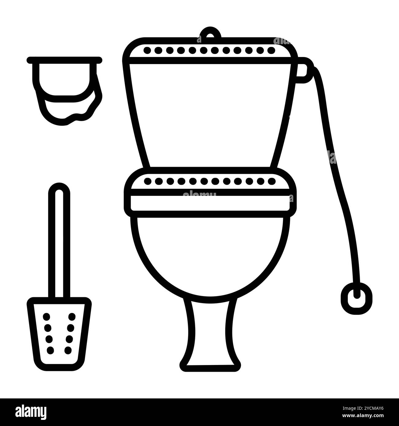 Sala WC: Ciotola, carta, spazzola. Vista frontale di un bagno, illustrazione con linea nera vettoriale, segnaletica monocromatica Illustrazione Vettoriale