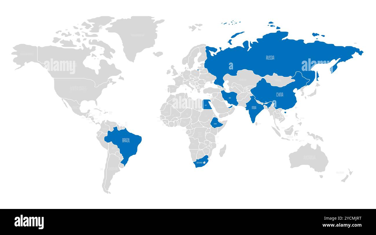 Mappa vettoriale politica dei paesi membri dell'organizzazione intergovernativa BRICS - Brasile, Russia, India, Cina, Sudafrica, Iran, Egitto, Etiopia e Emirati Arabi Uniti Illustrazione Vettoriale