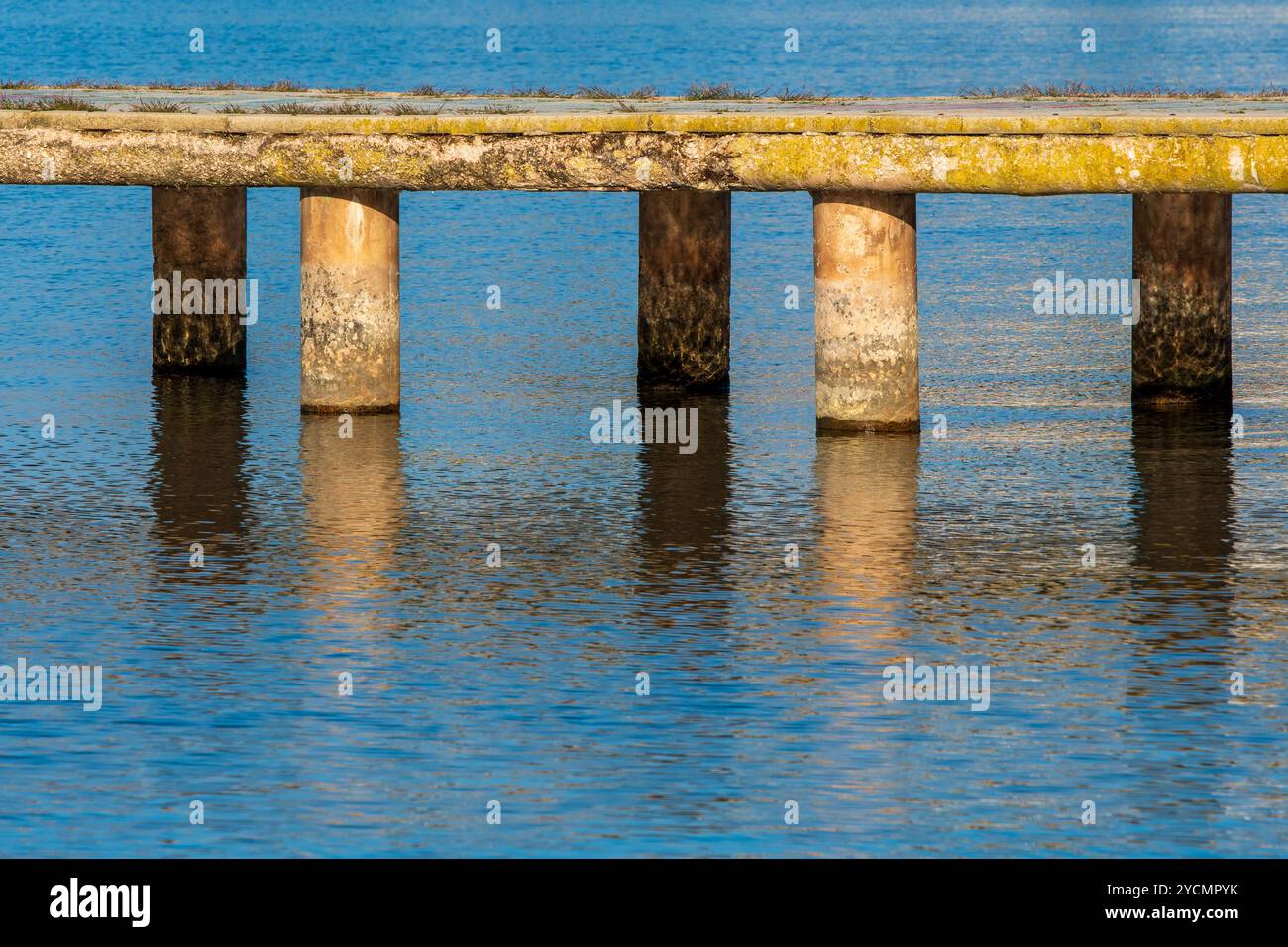 Riflessi in equilibrio: Pilastri di cemento del molo del lago di Ohrid in luce e ombra Foto Stock