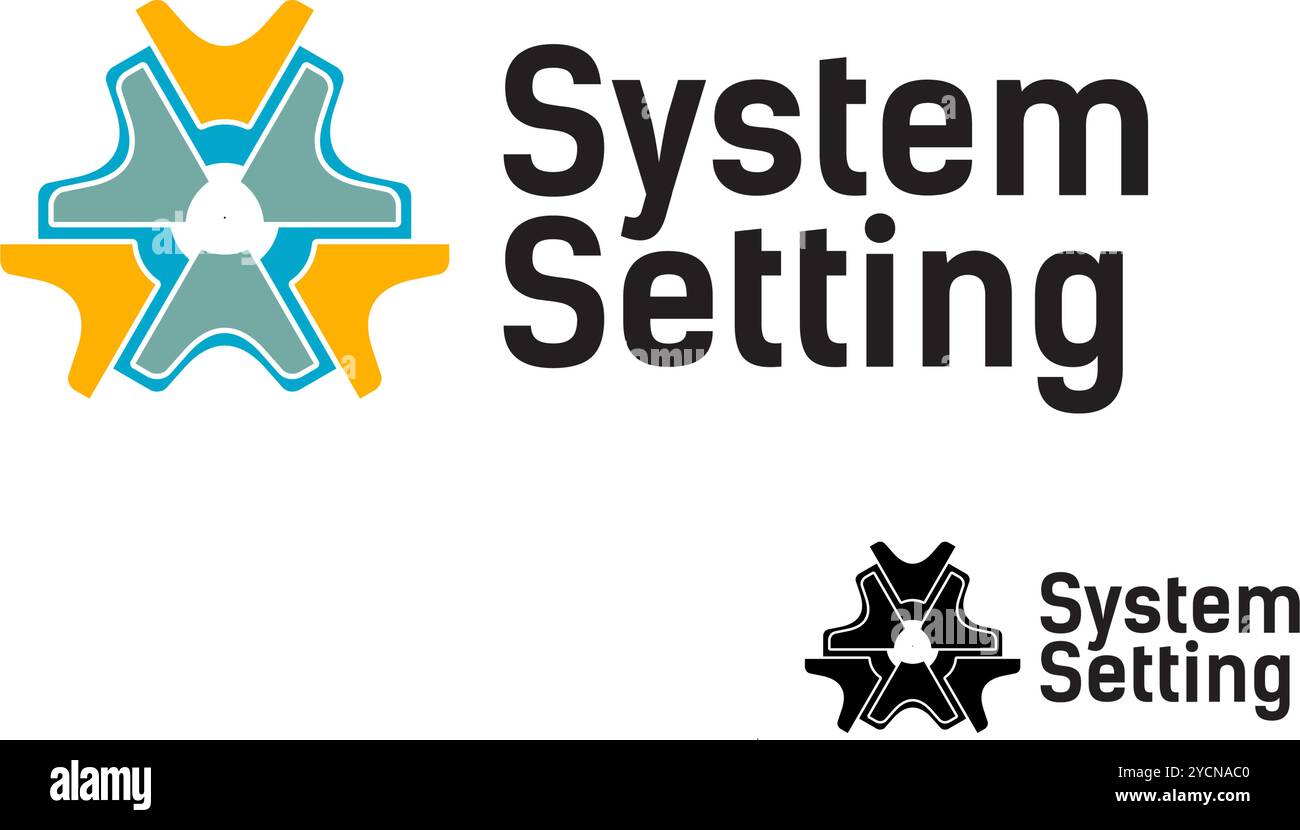 Sistema di montaggio attrezzatura industriale tecnologia innovativa design di logo aziendale per fascia tecnologica e società collegata, vettore astratto modificabile Illustrazione Vettoriale