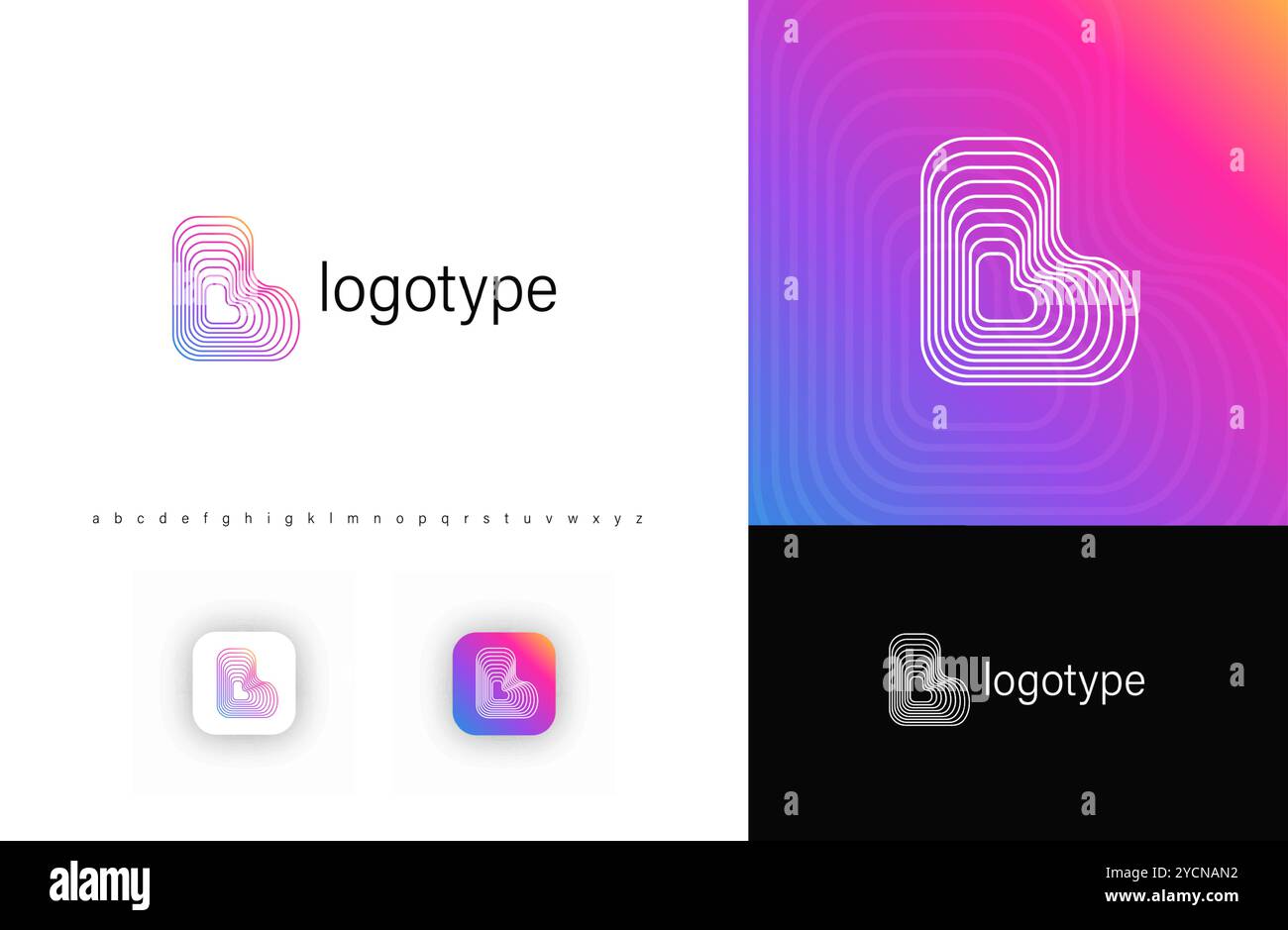 Linee di fusione in lettera L, logo a strisce geometriche arrotondate per identità tecnologica, branding, poster creativi. Logotipo vettoriale. Illustrazione Vettoriale