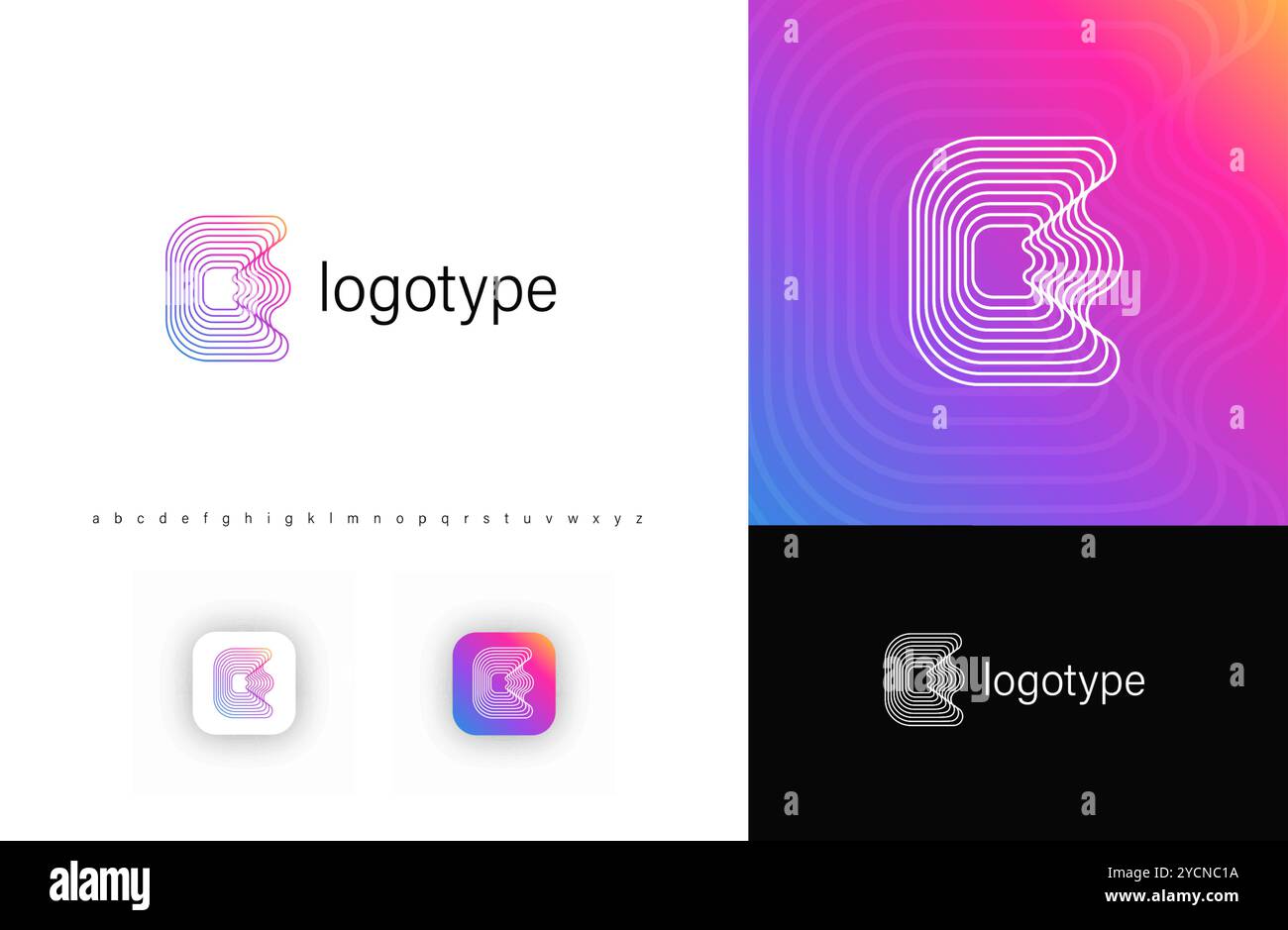 Fusione di linee nella lettera e, logo a strisce geometriche arrotondate per identità tecnologica, branding, poster creativi. Logotipo vettoriale. Illustrazione Vettoriale