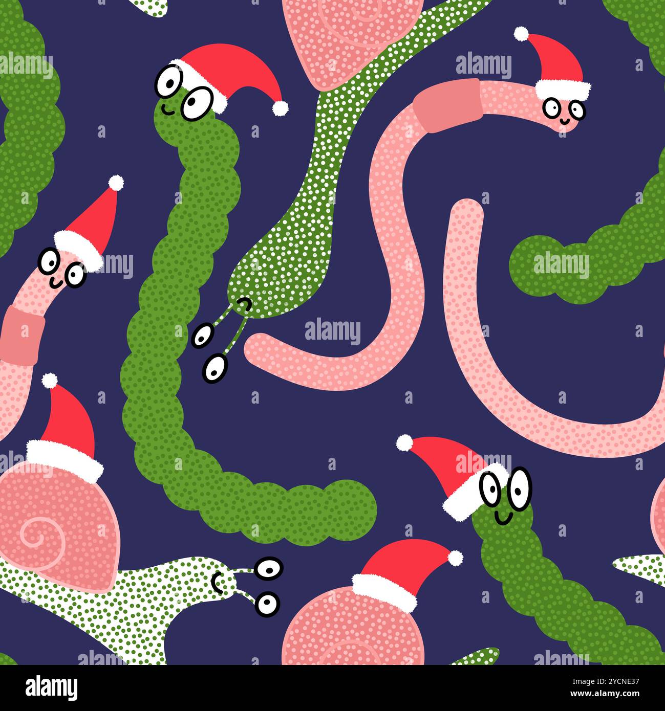 Animali di Natale vermi senza cuciture e fantasia di cappello di Babbo Natale per avvolgere carta e tessuti per la stampa di abiti e abiti per bambini e accessori per feste di Capodanno Foto Stock