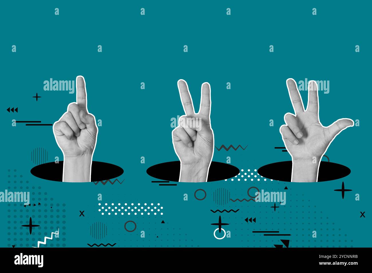 L'uomo dita che fanno gesti numerici che escono da buchi neri su sfondo blu Foto Stock