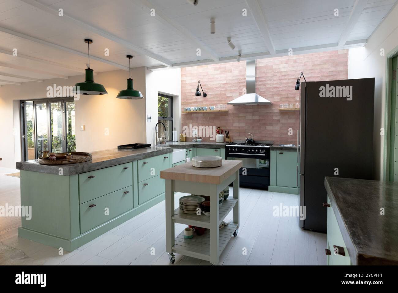 A casa, cucina moderna con armadi verdi menta ed elettrodomestici in acciaio inox Foto Stock