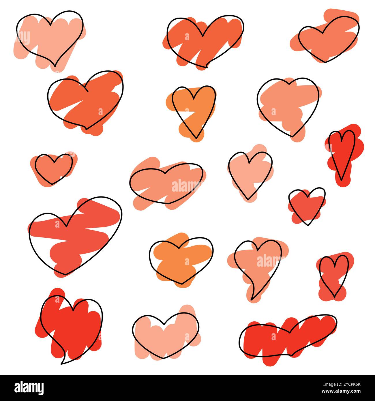 Set icone a forma di cuore Doodle. Collezione di vari elementi colorati isolati su uno sfondo bianco, diverse forme piatte semplici stilizzate. Con amore, Valentine Illustrazione Vettoriale