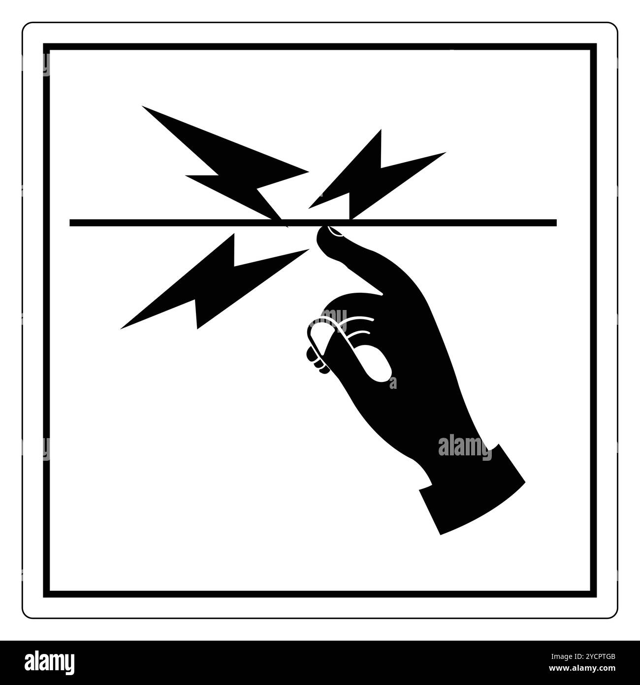 Questa figura mostra un simbolo di attenzione per le scosse elettriche, con una mano accanto ai simboli elettrici, che sottolinea la consapevolezza della sicurezza e la prevenzione dei rischi. Illustrazione Vettoriale