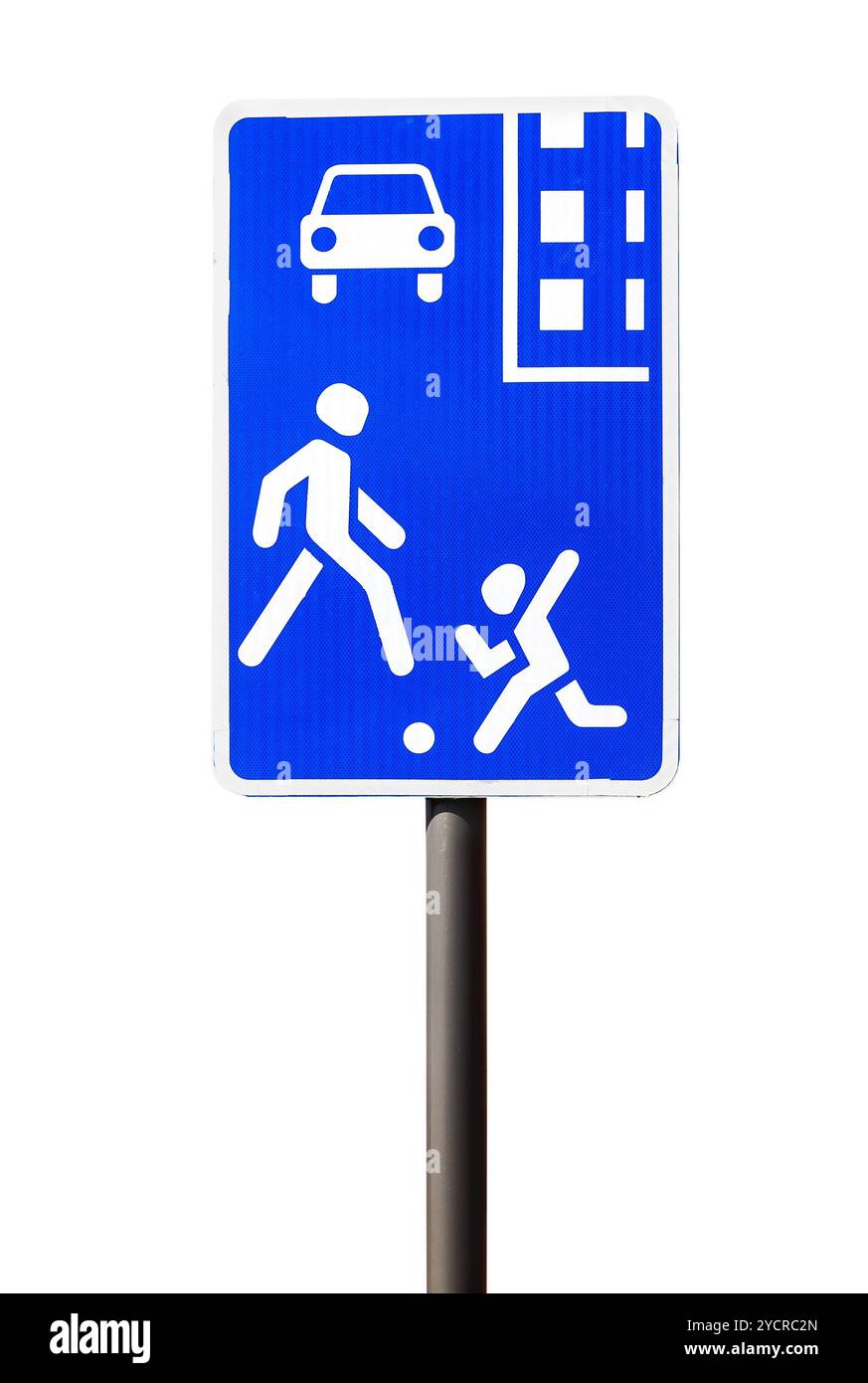 Segnaletica stradale residenziale zona isolata su sfondo bianco Foto Stock