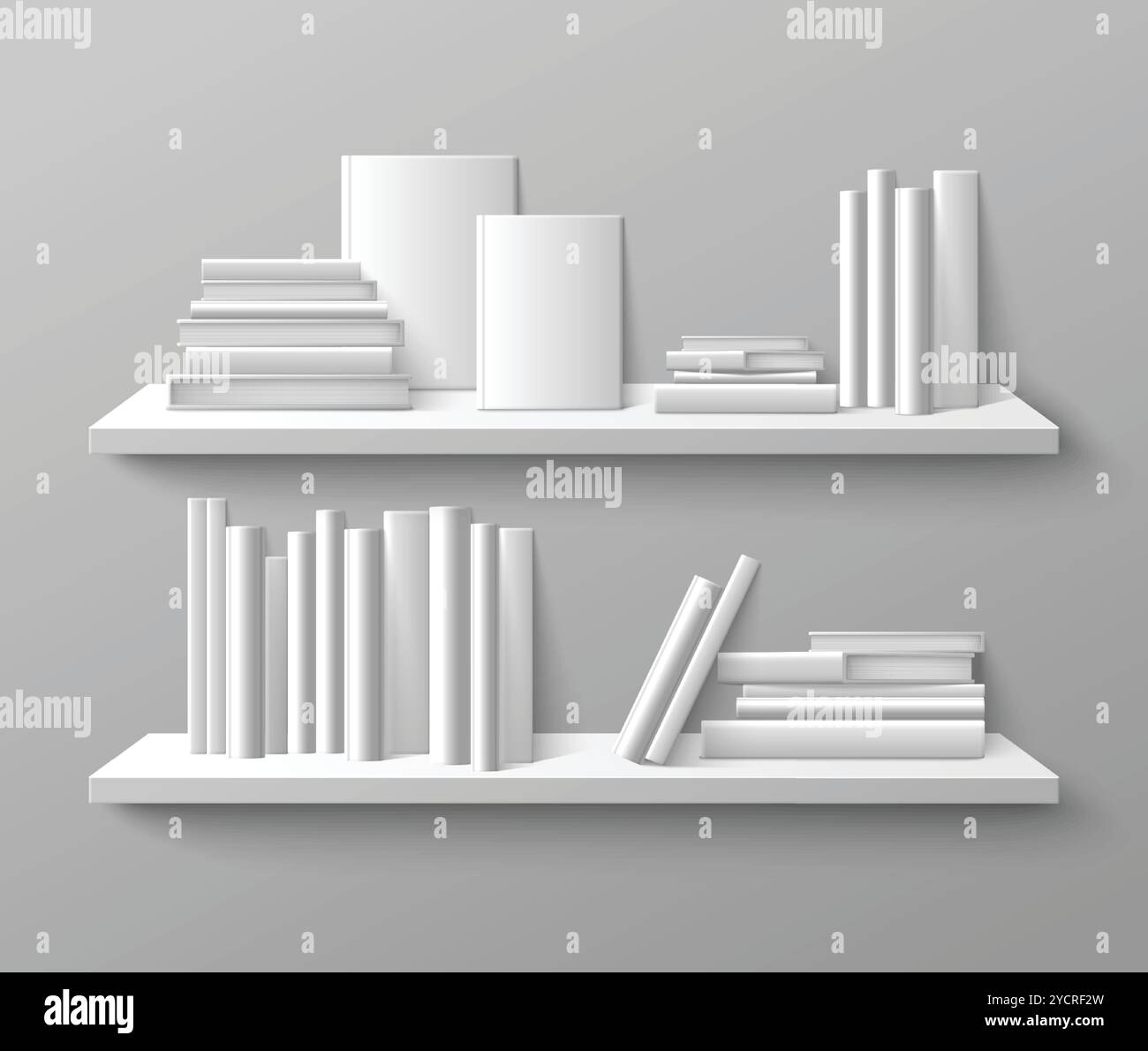 Colonna vertebrale e vista della copertina anteriore del libro sullo scaffale a parete. Illustrazione vettoriale 3d realistica di letteratura cartacea con copertina rigida in piedi e appoggiata su scaffale per la progettazione di interni di negozi, case o biblioteche. Illustrazione Vettoriale