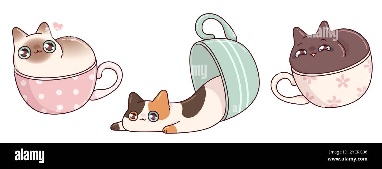I gatti Kawaii in tazze sono isolati su sfondo bianco. Cartoni animati vettoriali contemporanei raffiguranti simpatici personaggi gattini seduti e sdraiati in tazza, animale domestico felice e stanco, adesivi divertenti per il bar Illustrazione Vettoriale