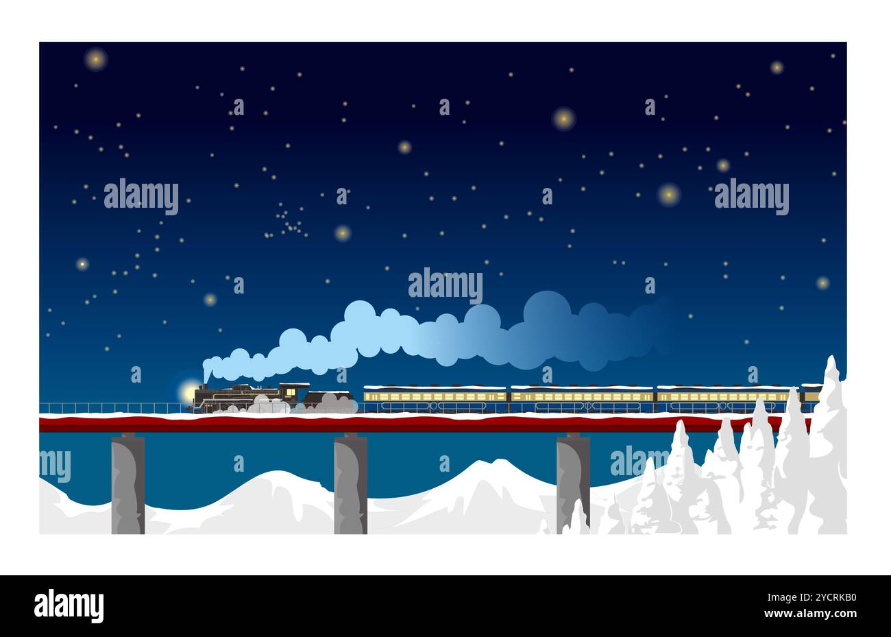 C57 Banetsu Monogatari - Ponte ferroviario in una notte di neve Foto Stock