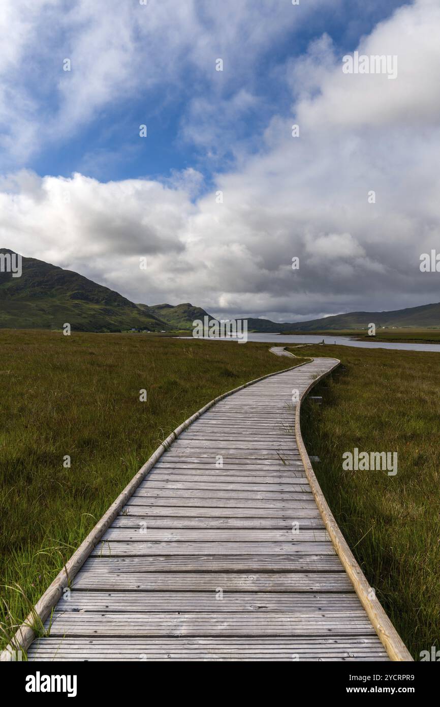 Una vista verticale del sentiero costiero della montagna di Claggan palude e passerella con la catena montuosa del Nephir sullo sfondo Foto Stock