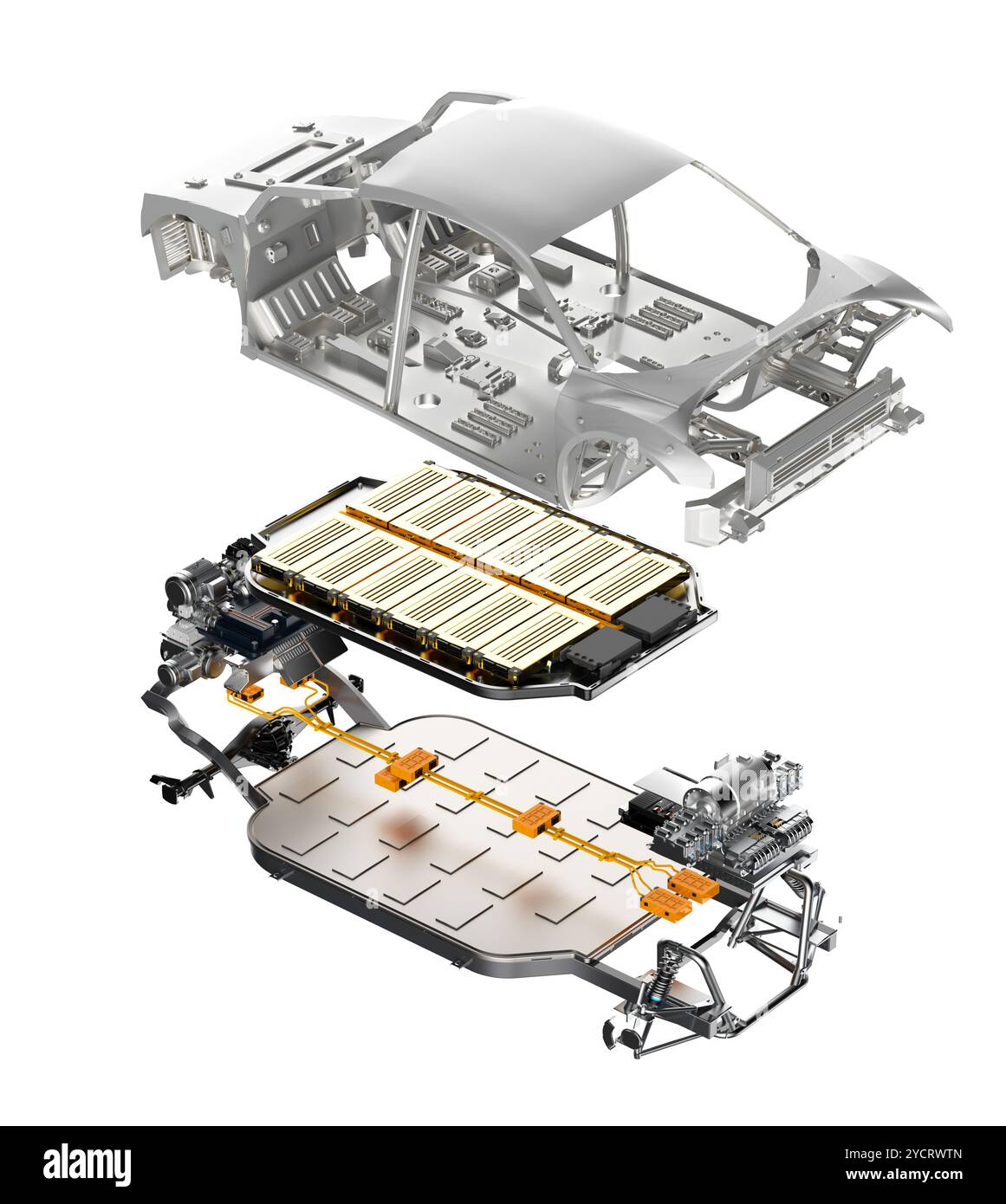 rendering 3d: vista esplosiva della batteria dorata per veicoli elettrici con telaio isolato su sfondo bianco Foto Stock