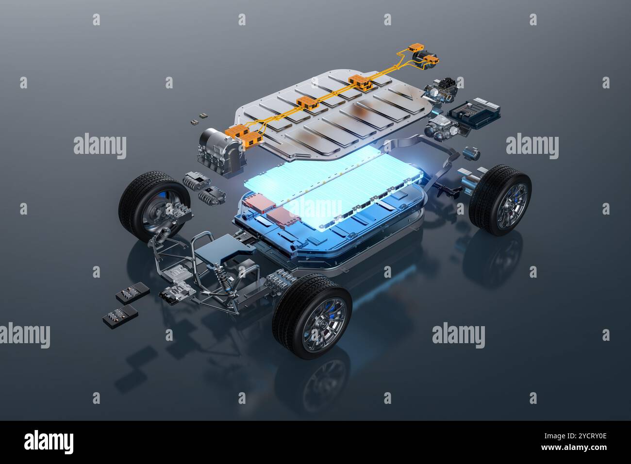 rendering 3d della vista esplosa di un'auto ev con elemento della batteria incandescente e carro isolato sul bianco Foto Stock