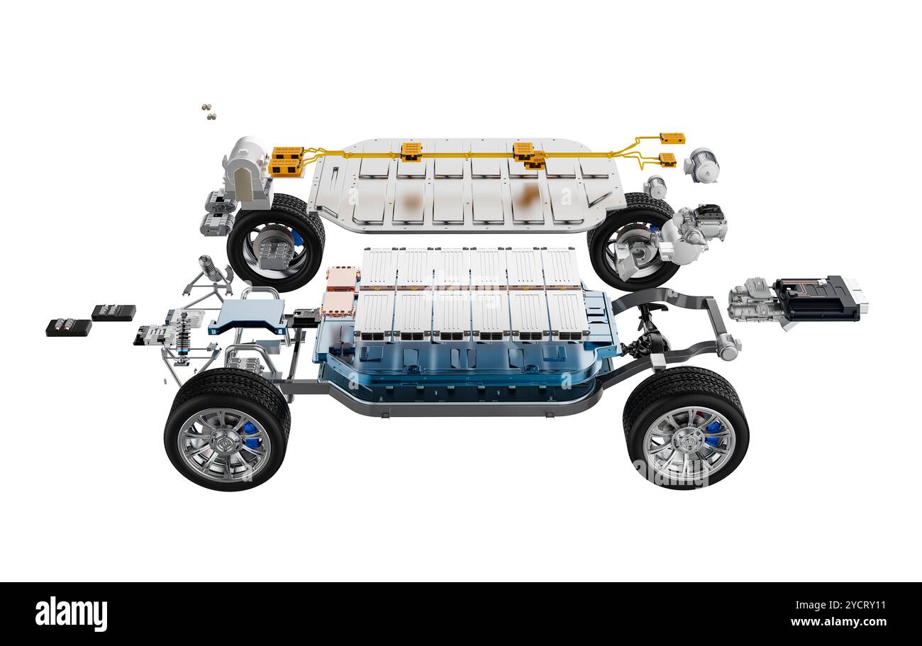 rendering 3d della vista esplosa di un'auto ev con elemento della batteria e carro isolato sul bianco Foto Stock