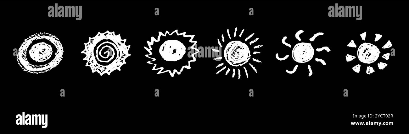 Un set di divertimento come il bambino che disegna il sole bianco. Collezione dipinta con pastelli pastello o icone assolate a cera. Simboli del cielo estivo. Consistenza grezza del gesso Illustrazione Vettoriale