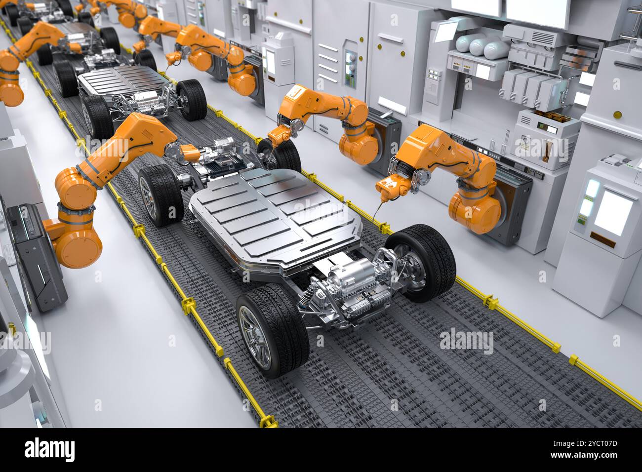 Concetto di fabbrica automobilistica di automazione con linea di assemblaggio robot di rendering 3D con modulo celle batteria auto elettrica su piattaforma Foto Stock