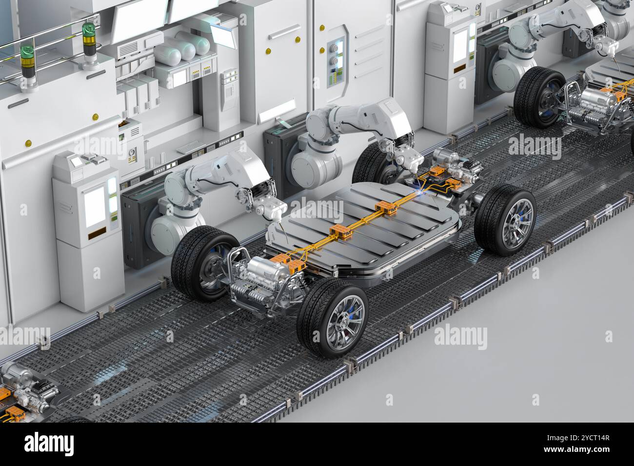 Concetto di fabbrica automobilistica di automazione con linea di assemblaggio robot di rendering 3D con modulo celle batteria auto elettrica su piattaforma Foto Stock